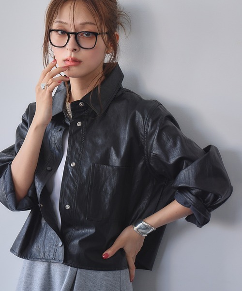セール】【2025AW】フェイクレザー ショート丈 シャツジャケット
