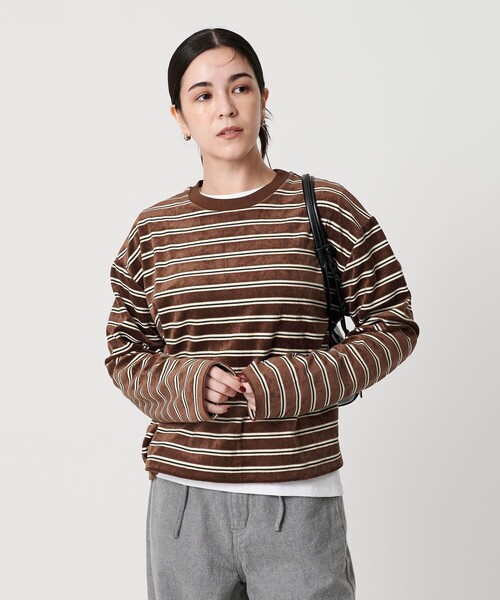 【LILAC】ポリエステルコットン ベロアボーダーTシャツ BEAUTY&YOUTH UNITED ARROWS ポリエステルコットン ベロアボーダーT
