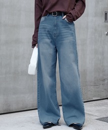 <速乾・ウォッシャブル>ヴィンテージライク ハイウエストルーズデニムパンツブルー系