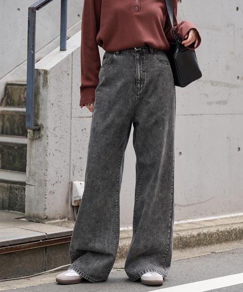 <速乾・ウォッシャブル>ヴィンテージライク ハイウエストルーズデニムパンツ