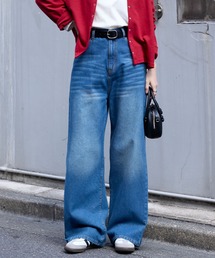 MONO-MART | <速乾・ウォッシャブル>ヴィンテージライク ハイウエストルーズデニムパンツ(デニムパンツ)