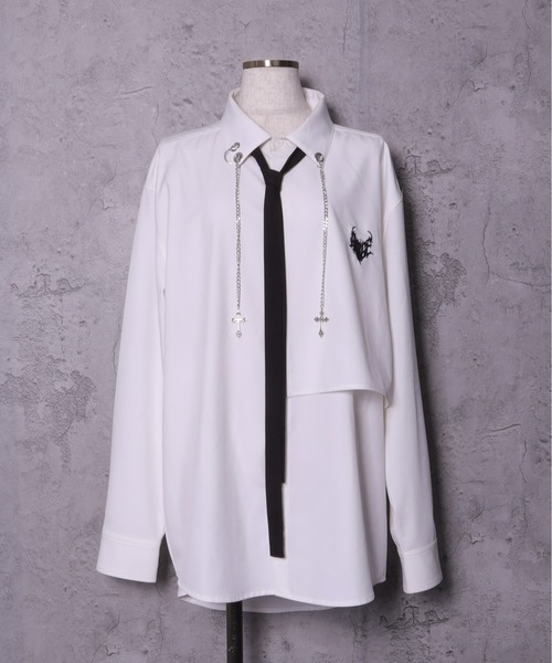 チェーン付きバイカラーリボンシャツ（シャツ/ブラウス）｜Amilige