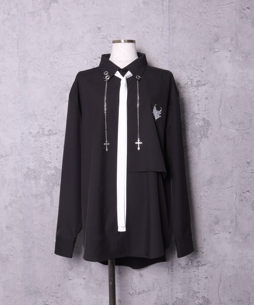 チェーン付きバイカラーリボンシャツ（シャツ/ブラウス）｜Amilige