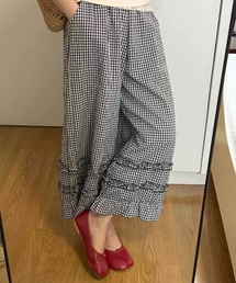 レースフリル切り替えワイドパンツ/ホワイト・ブラック