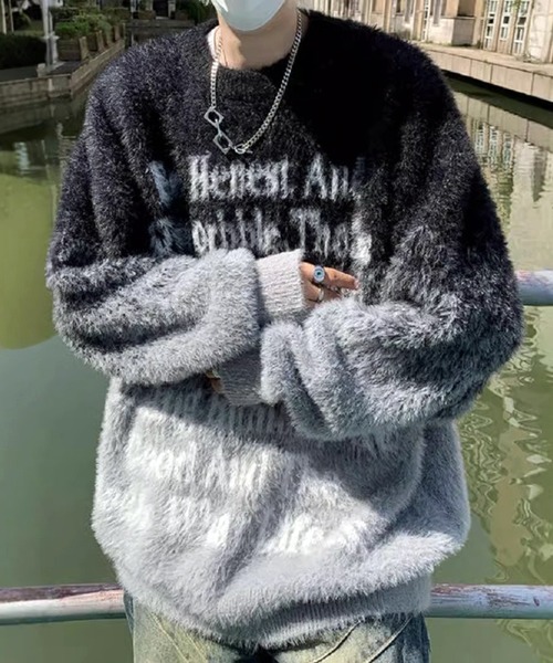 VIBGYOR（ヴィブジョー）の「グラデーションニット ロゴニットプルオーバー / ユニセックス 韓国ストリート (CZ)（ニット/セーター・メンズ・ブラウン/ブラック・FREE）」の2枚目の写真