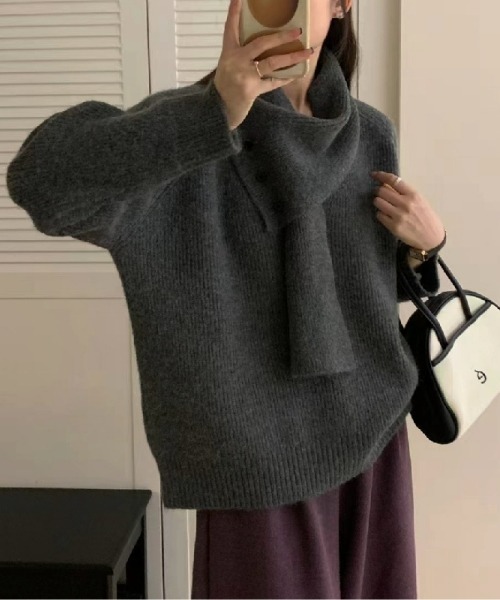 gossip!ロサンゼルス(ゴシップロサンゼルス)の「【Y2Kガーリー】ヴィンテージライクマフラー付きVネックニットプルオーバー(ニット/セーター・レディース・グレー・FREE)」の7枚目の写真
