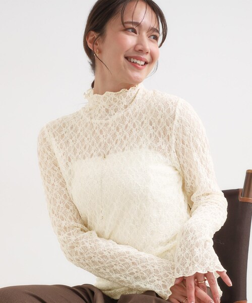 セール】【S-LL】上品なレースハイネックトップス（Tシャツ/カットソー