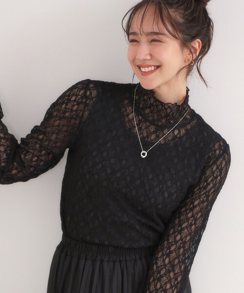 セール】【S-LL】上品なレースハイネックトップス（Tシャツ/カットソー