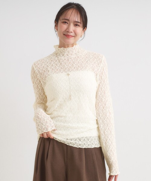 セール】【S-LL】上品なレースハイネックトップス（Tシャツ/カットソー