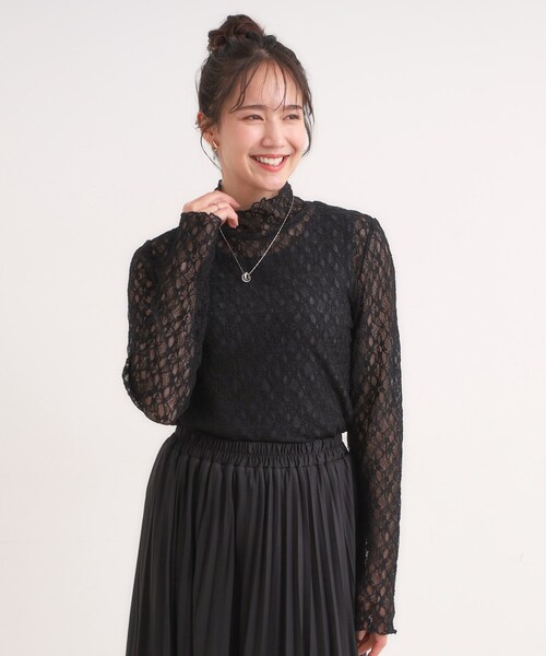 セール】【S-LL】上品なレースハイネックトップス（Tシャツ/カットソー