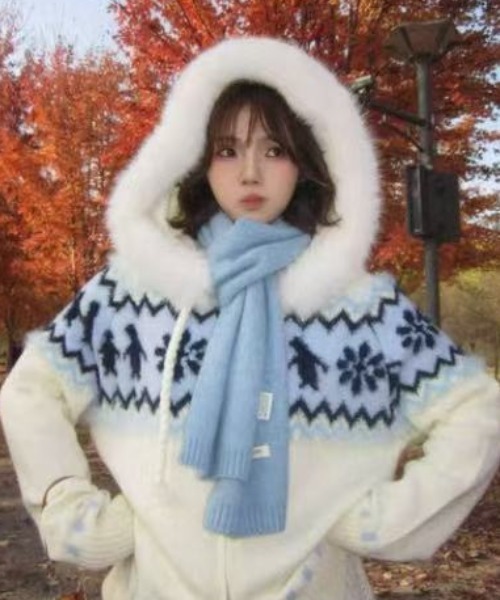 INGEBORG・ネイビーとホワイトのドット柄フード付きジャンパー ドットネコ ジャージジャケットBK ブルゾン[品番：ACDW0002733