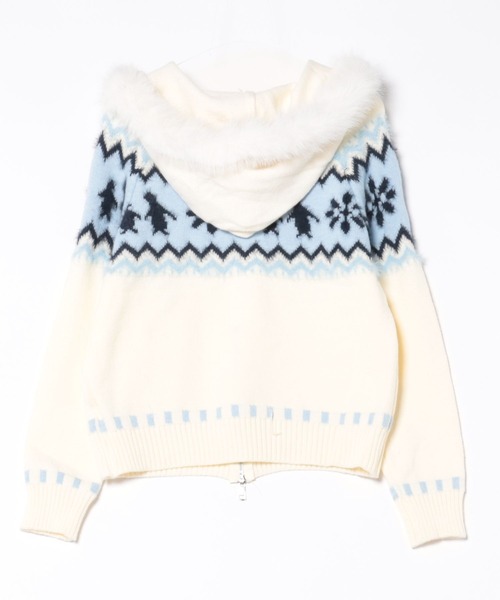 セール】ファーフード付き ノルディック柄ニットジップブルゾン