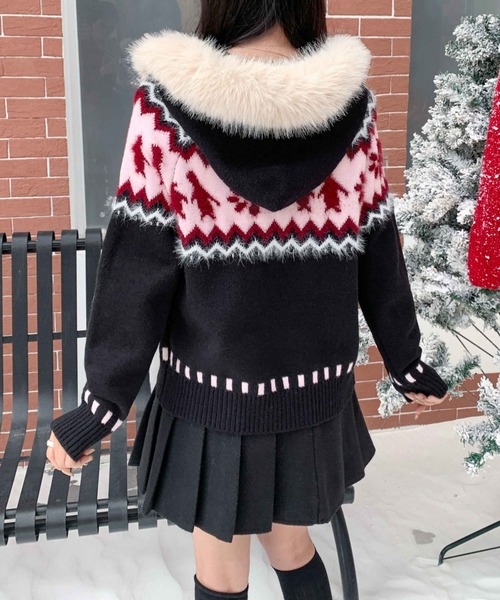 00s 希少 TRALALA ファーフード ハートチャームニットブルゾン 姫カジ Sibra（シブラ） コート アウター ファーフード付き ノルディック柄