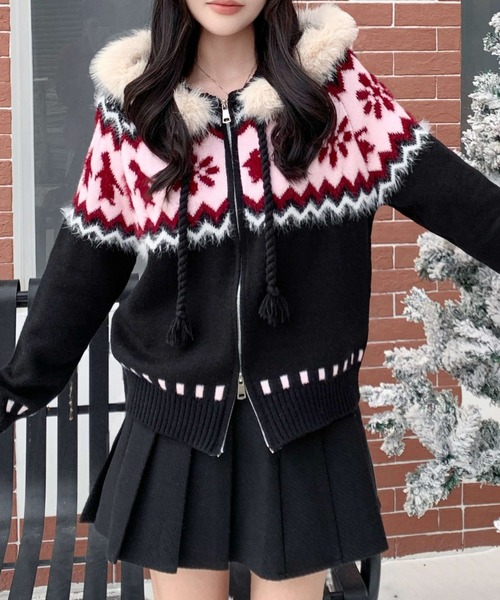 セール】ファーフード付き ノルディック柄ニットジップブルゾン