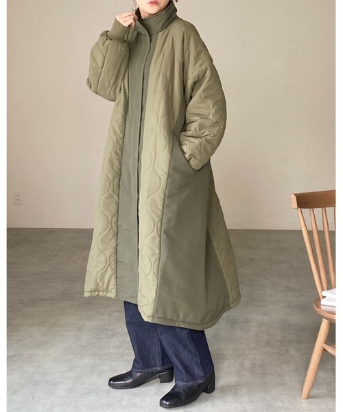 セール】中綿ロング丈Aラインスタンドカラー切替キルティングコート
