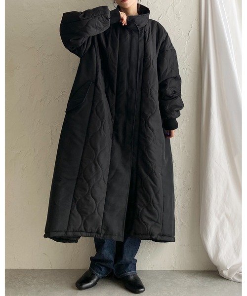 セール】中綿ロング丈Aラインスタンドカラー切替キルティングコート