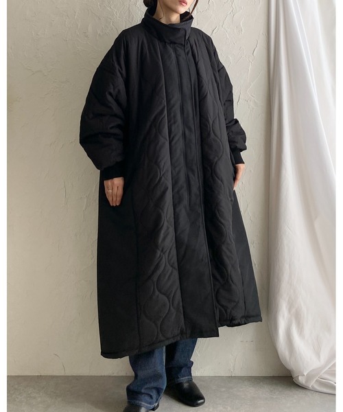 セール】中綿ロング丈Aラインスタンドカラー切替キルティングコート