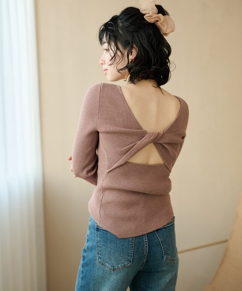 LAULEN(ローレン)の「back twist rib knit tops /バックツイストリブニットトップス(ニット/セーター・レディース・ピンク/ブラック・FREE)」の1枚目の写真