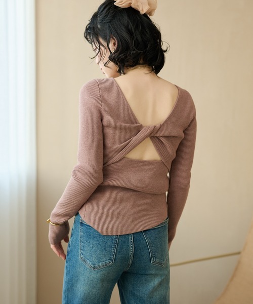 LAULEN(ローレン)の「back twist rib knit tops /バックツイストリブニットトップス(ニット/セーター・レディース・ピンク/ブラック・FREE)」の7枚目の写真