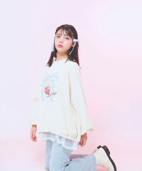 repipi armario(レピピ アルマリオ)の「【ニコラコラボ】レースルーズチュニックスウェット(Tシャツ/カットソー・キッズ・アイボリー/ブラック/グレー・LARGE/MEDIUM/SMALL)」の6枚目の写真