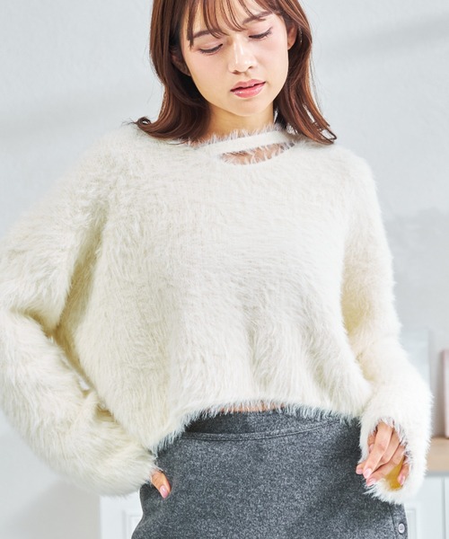 MISCH MASCH（ミッシュマッシュ）の「一部店舗限定 カットアウトデザインシャギーニット（ニット/セーター・レディース・アイボリー/ピンク/ホワイト・ﾌﾘ-）」の4枚目の写真