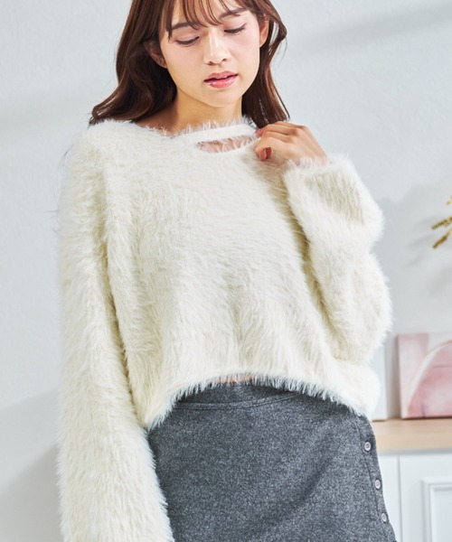 MISCH MASCH（ミッシュマッシュ）の「一部店舗限定 カットアウトデザインシャギーニット（ニット/セーター・レディース・アイボリー/ピンク/ホワイト・ﾌﾘ-）」の5枚目の写真