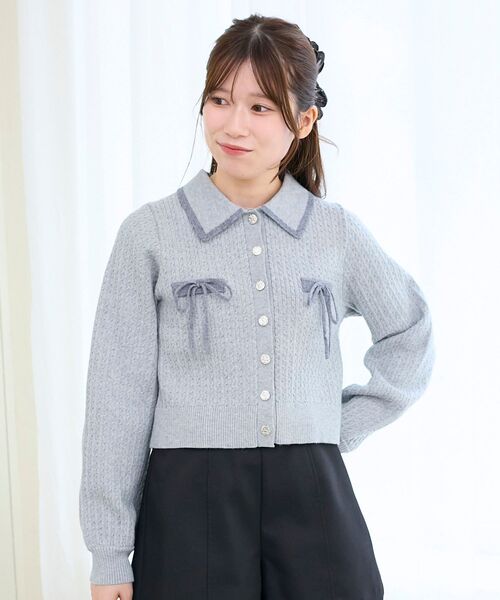 MAJESTIC LEGON(マジェスティックレゴン)の「バイカラーリボンケーブルニットカーデ(カーディガン/ボレロ・レディース・アイボリー/グレー/ネイビー/ピンク・MEDIUM)」の2枚目の写真