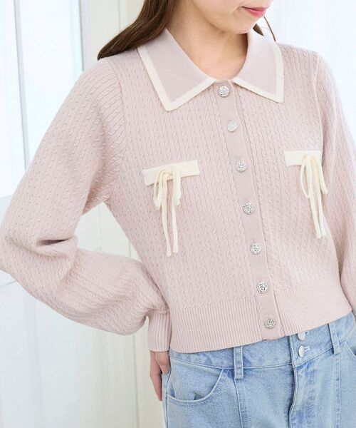 MAJESTIC LEGON(マジェスティックレゴン)の「バイカラーリボンケーブルニットカーデ(カーディガン/ボレロ・レディース・アイボリー/グレー/ネイビー/ピンク・MEDIUM)」の18枚目の写真