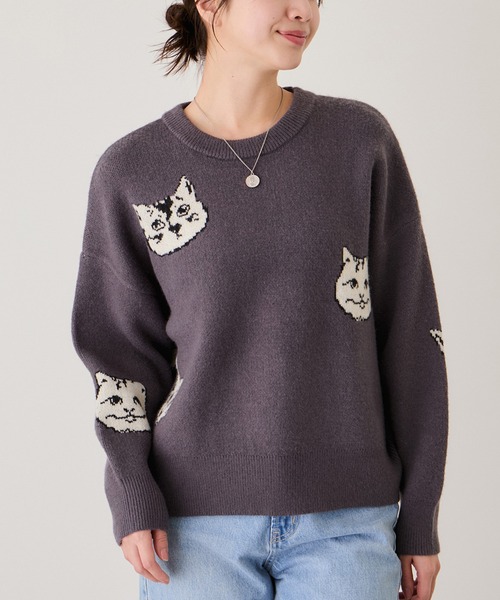 Jayro（ジャイロ）の「多種ネコ柄ジャガードプルオーバー（Tシャツ/カットソー・レディース・ネイビー/グレー/オフホワイト/チャコールグレー・M）」の2枚目の写真