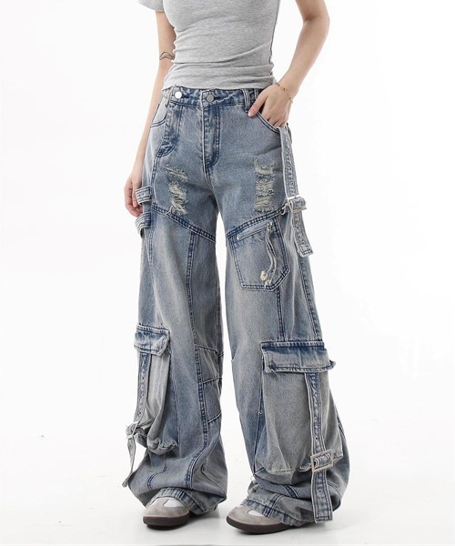 Ressaca（レサーカ）の「ダメージ加工ワイドカーゴデニムパンツ（デニムパンツ・レディース・ブラック/ブルー・XL/M/L）」の9枚目の写真