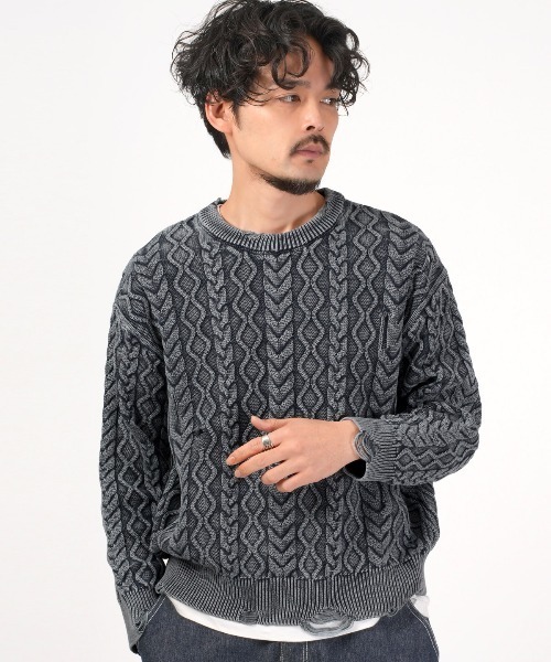 LUXSTYLE(ラグスタイル)の「ストーンウォッシュダメージ加工ケーブルニット(ニット/セーター・メンズ・ブラック/ブルー・L/M)」の5枚目の写真