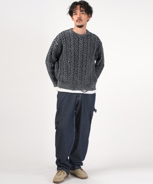 LUXSTYLE(ラグスタイル)の「ストーンウォッシュダメージ加工ケーブルニット(ニット/セーター・メンズ・ブラック/ブルー・L/M)」の6枚目の写真