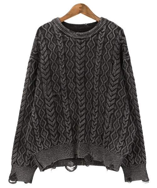 LUXSTYLE(ラグスタイル)の「ストーンウォッシュダメージ加工ケーブルニット(ニット/セーター・メンズ・ブラック/ブルー・L/M)」の14枚目の写真