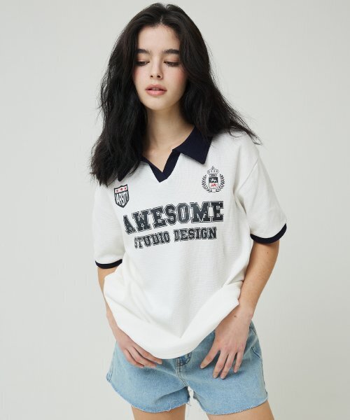 AWESOME STUDIO（オーサムスタジオ）の「カラー配色ユニフォーム半袖Tシャツホワイト（ポロシャツ・レディース・その他・FREE）」の2枚目の写真