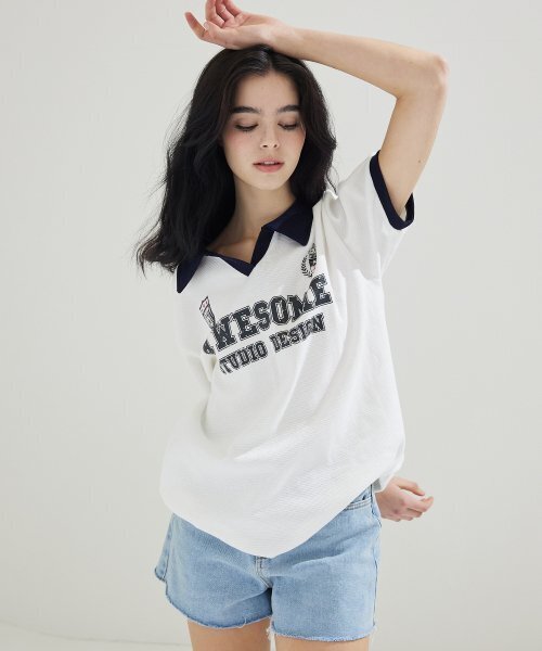 AWESOME STUDIO（オーサムスタジオ）の「カラー配色ユニフォーム半袖Tシャツホワイト（ポロシャツ・レディース・その他・FREE）」の3枚目の写真