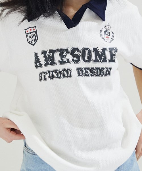 AWESOME STUDIO（オーサムスタジオ）の「カラー配色ユニフォーム半袖Tシャツホワイト（ポロシャツ・レディース・その他・FREE）」の4枚目の写真