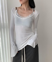 【EIZZ/アイズ】レイヤード風 レースネック ロングスリーブTシャツ タイトトップス