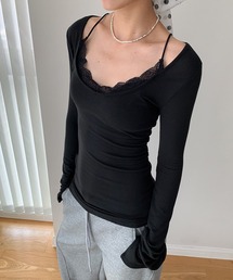 【EIZZ/アイズ】レイヤード風 レースネック ロングスリーブTシャツ タイトトップス