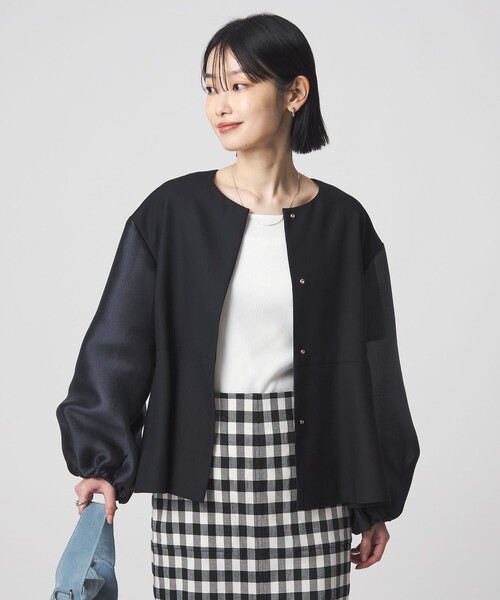 green label relaxing（グリーンレーベルリラクシング）の「［size SHORTあり］fleurie(フルリー) フォルム ジャケット 2（ノーカラージャケット・レディース・ネイビー/オフホワイト・FREE/SHORT）」の3枚目の写真