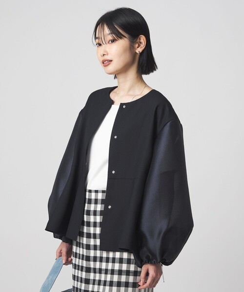 green label relaxing（グリーンレーベルリラクシング）の「［size SHORTあり］fleurie(フルリー) フォルム ジャケット 2（ノーカラージャケット・レディース・ネイビー/オフホワイト・FREE/SHORT）」の5枚目の写真