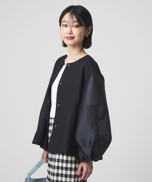 green label relaxing（グリーンレーベルリラクシング）の「［size SHORTあり］fleurie(フルリー) フォルム ジャケット 2（ノーカラージャケット・レディース・ネイビー/オフホワイト・FREE/SHORT）」の6枚目の写真