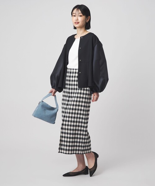 green label relaxing（グリーンレーベルリラクシング）の「［size SHORTあり］fleurie(フルリー) フォルム ジャケット 2（ノーカラージャケット・レディース・ネイビー/オフホワイト・FREE/SHORT）」の9枚目の写真