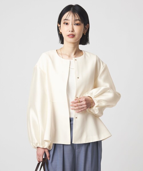 green label relaxing（グリーンレーベルリラクシング）の「［size SHORTあり］fleurie(フルリー) フォルム ジャケット 2（ノーカラージャケット・レディース・ネイビー/オフホワイト・FREE/SHORT）」の12枚目の写真