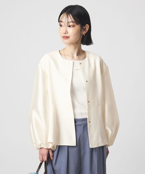 green label relaxing（グリーンレーベルリラクシング）の「［size SHORTあり］fleurie(フルリー) フォルム ジャケット 2（ノーカラージャケット・レディース・ネイビー/オフホワイト・FREE/SHORT）」の13枚目の写真