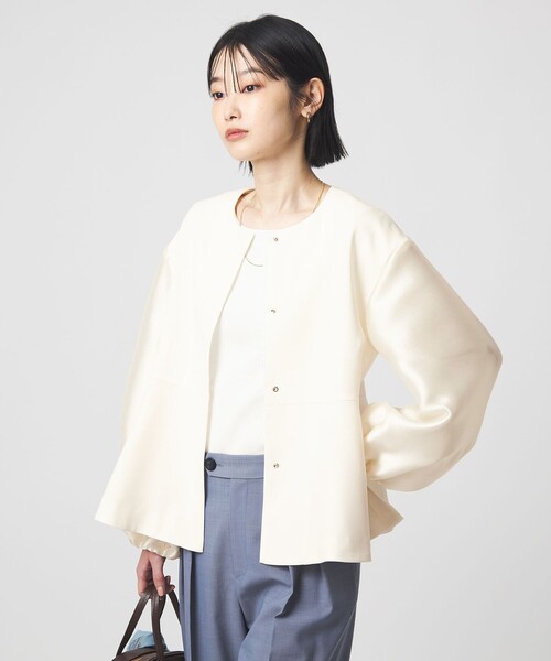 green label relaxing（グリーンレーベルリラクシング）の「［size SHORTあり］fleurie(フルリー) フォルム ジャケット 2（ノーカラージャケット・レディース・ネイビー/オフホワイト・FREE/SHORT）」の16枚目の写真