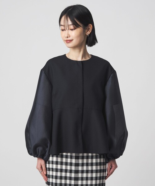 green label relaxing（グリーンレーベルリラクシング）の「［size SHORTあり］fleurie(フルリー) フォルム ジャケット 2（ノーカラージャケット・レディース・ネイビー/オフホワイト・FREE/SHORT）」の20枚目の写真