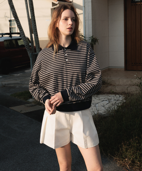 DEHEVE（デヘヴェ）の「Collar Stripe Sweatshirt [Navy]（ポロシャツ・レディース・ネイビー・FREE）」の3枚目の写真