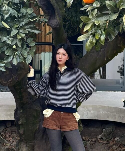 DEHEVE（デヘヴェ）の「Collar Stripe Sweatshirt [Navy]（ポロシャツ・レディース・ネイビー・FREE）」の13枚目の写真