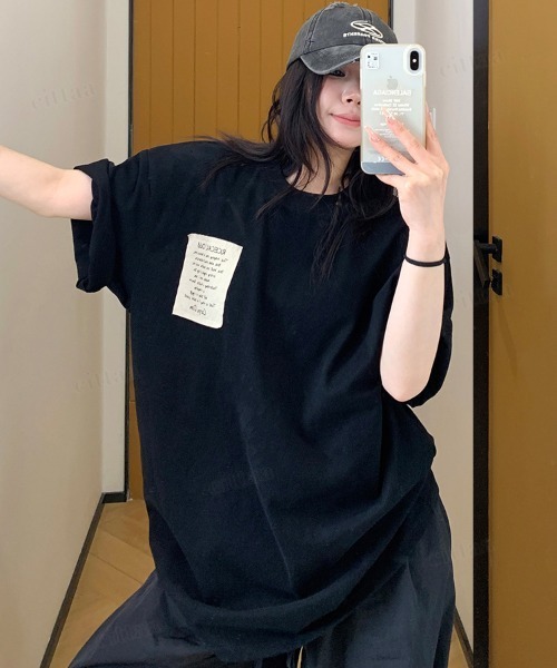 Dalfwin(ダールフィン)の「韓国ファッション RICECAKE手書きプリントラベル半袖Tシャツ(Tシャツ/カットソー・レディース・ブラック/ホワイト/グレー・FREE)」の2枚目の写真