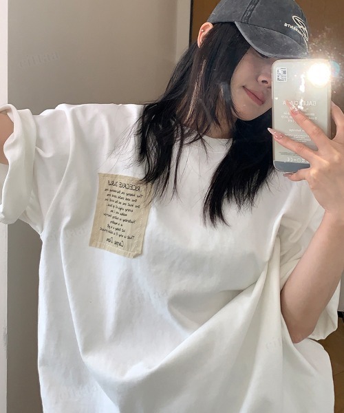 Dalfwin(ダールフィン)の「韓国ファッション RICECAKE手書きプリントラベル半袖Tシャツ(Tシャツ/カットソー・レディース・ブラック/ホワイト/グレー・FREE)」の21枚目の写真